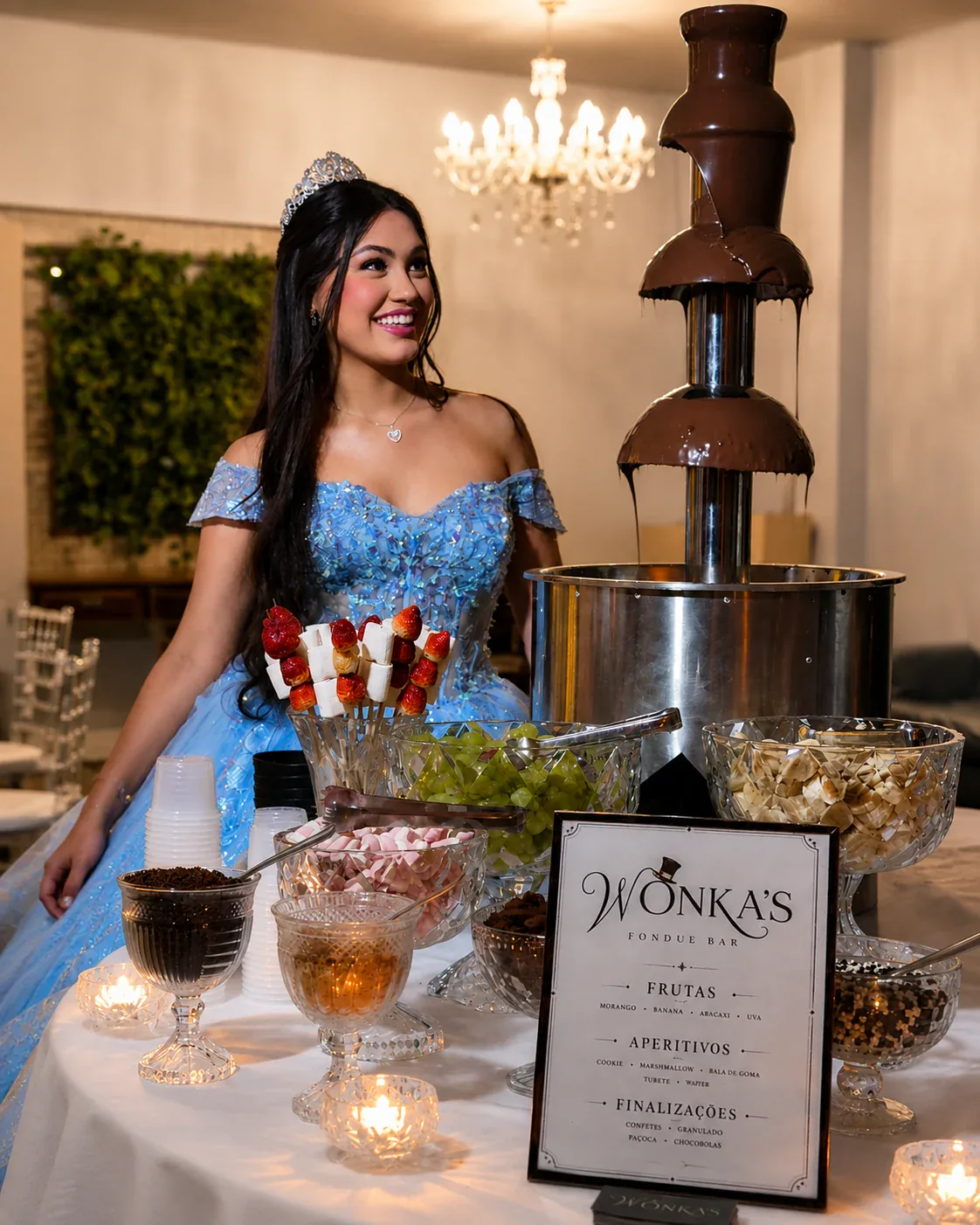 Aniversariante de 15 anos ao lado da cascata de fondue de chocolate na festa