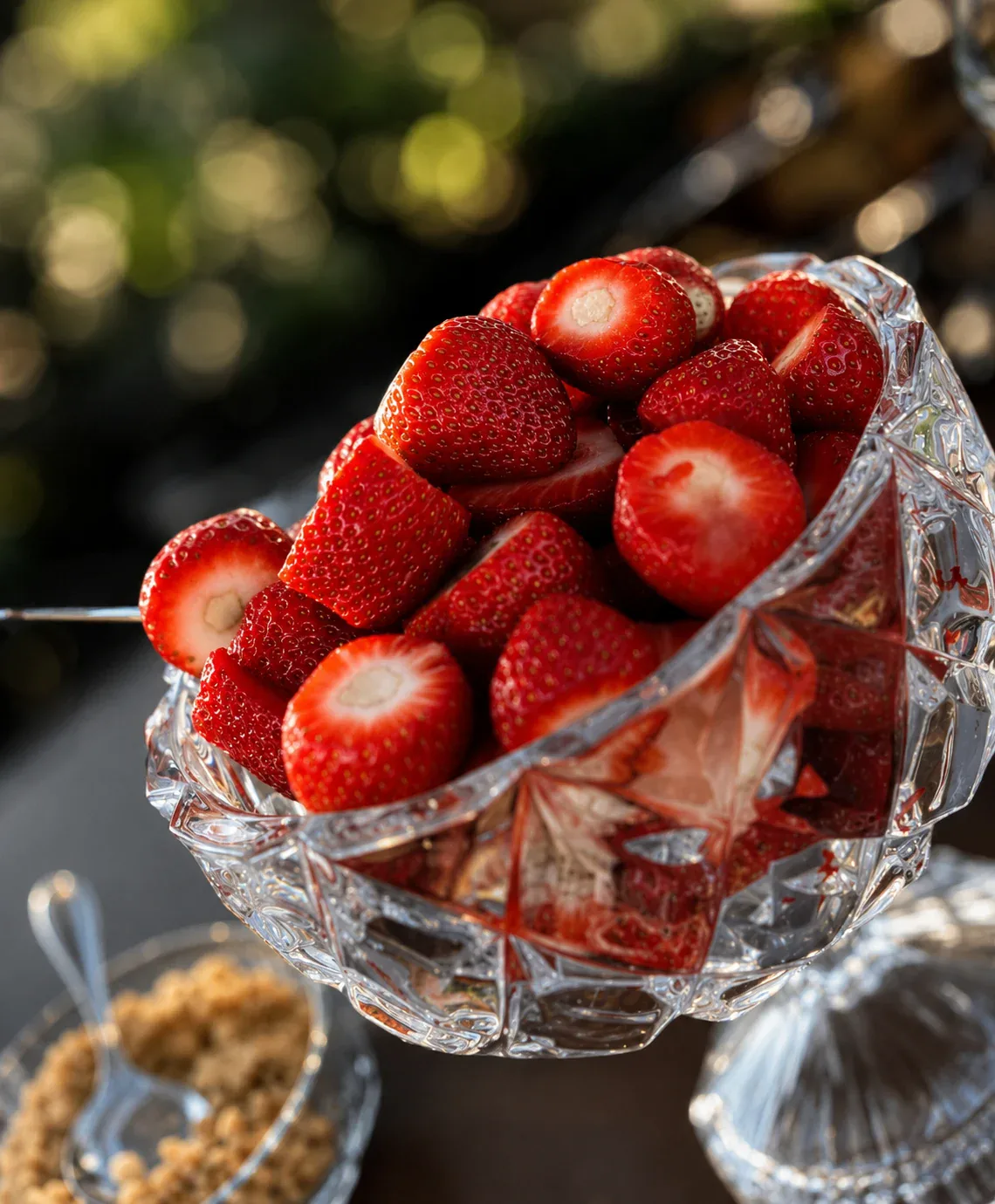 Morangos frescos em taça de vidro para mergulhar no fondue de chocolate
